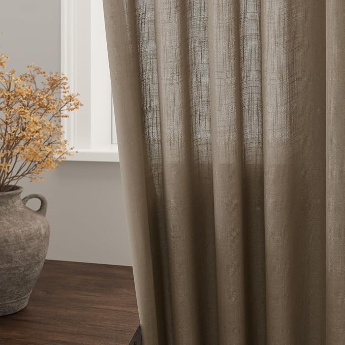 Extra Long Curtains 2 Panels 102 Inches Long for Living Room Dark Taupe Back Tab Rod Pocket Light Filtering Semi Sheer Drapes Cotton Linen Textured Window Curtain 102 Inch Length for Bedroom 9 FT
