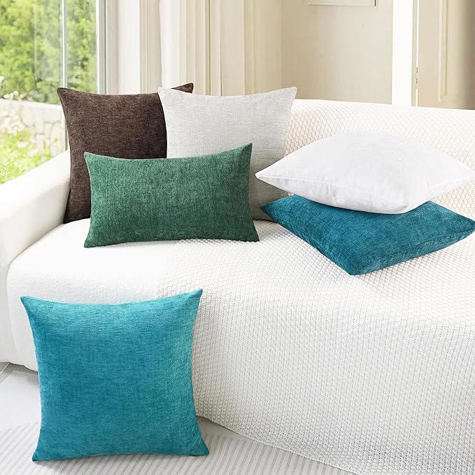 CaliTime Throw Pillow Covers Decorative 24 X 24 Inches Pack of 2 Cozy Chenille Cushion Cases for Couch Sofa Bed Living Room Home True White