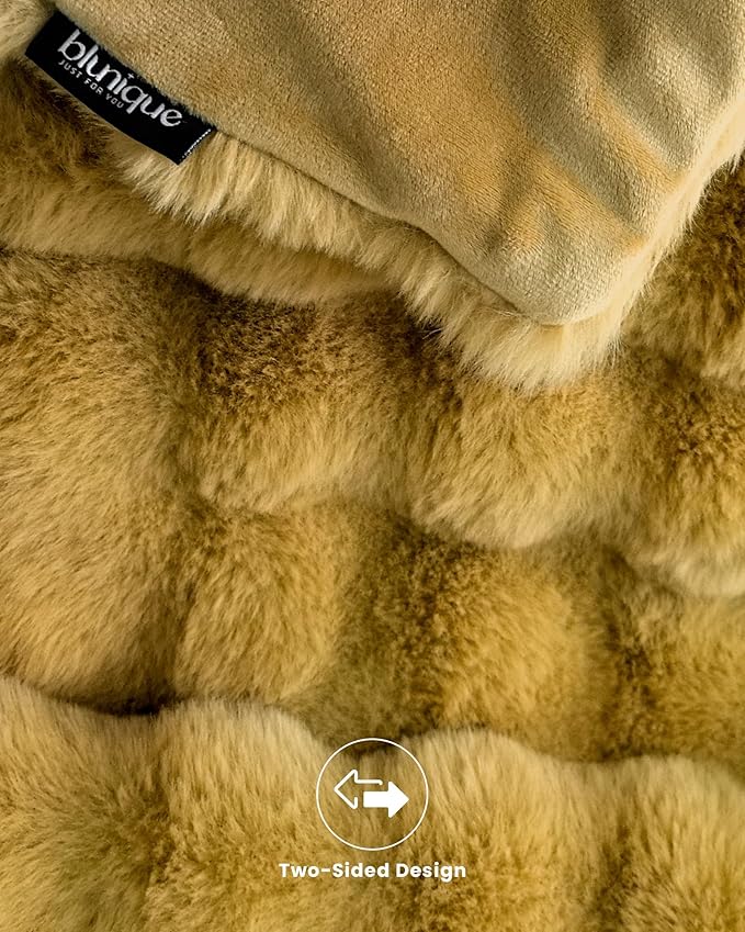 Ultra Soft Cozy Faux Fur Throw Blanket, Fuzzy Plush Thick Bubble Blanket, Oversize Luxury Fluffy Blanket for Couch, Bed, and Living Room, 60x80 Inches, Dark Yellow
