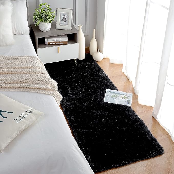Chicrug Soft Runner Rugs for Bedroom Living Room Plush Fluffy Rug 2x5 Feet, Shag Furry Area Rug Carpet Non Shedding for Nursery Children Kids Girls Room Home Decorative, Black