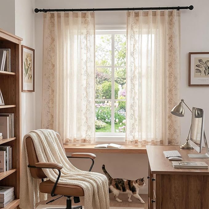 jinchan Evelyn Embroidered Linen Curtains 63 inch Floral Curtains for Living Room Bedroom Farmhouse Cottagecore Semi Sheer Light Filtering Window Drapes Rod Pocket Back Tab 2 Panels W50 x L63 Beige