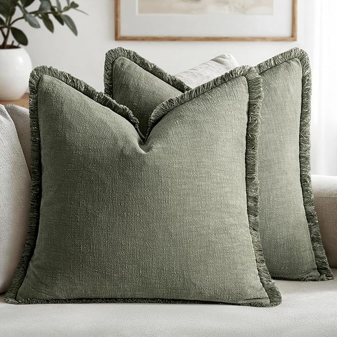 MIULEE Decorative Throw Pillow Covers Neutral Linen Fringe Throw Pillows Euro Shams Set of 2 Light Olive Green Boho Farmhouse Cushions for Couch Sofa Bed Living Room Spring Home Decor 22x22 Inch