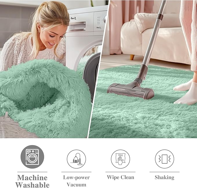 OLANLY Mint Green Round Rugs for Bedroom - Machine Washable, 8 ft Circle Area Rugs for Living Room, Soft and Fluffy Shaggy Carpet for Teen Girls and Boys, Nursery Rooms, Dorms, Home Decor Aesthetic