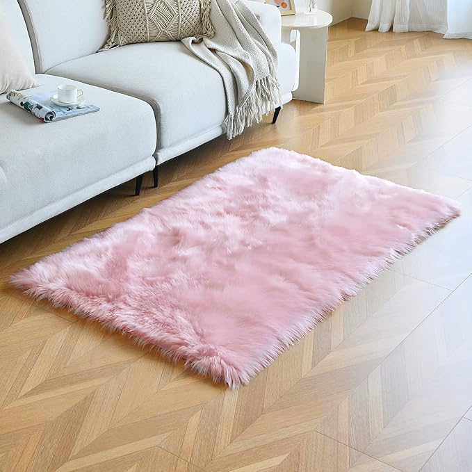 duduta Pink Faux Sheepskin Fur Rug 3x5 ft, Fluffy Shag Girls Bedroom Dorm Nursery Playroom Carpet Rug Non Slip Washable