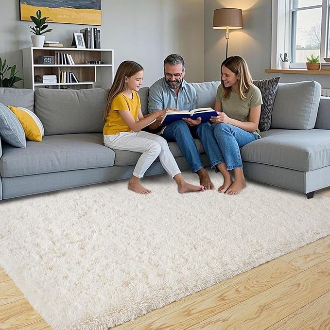 Pionblank Fluffy Area Rug for Bedroom 4x6 Feet, Indoor Plush Carpet, Shag Soft Bedside Rug, Cute Comfy Furry Rug for Living Room Dorm Girls Boys Room Nursery Decor, Cream White