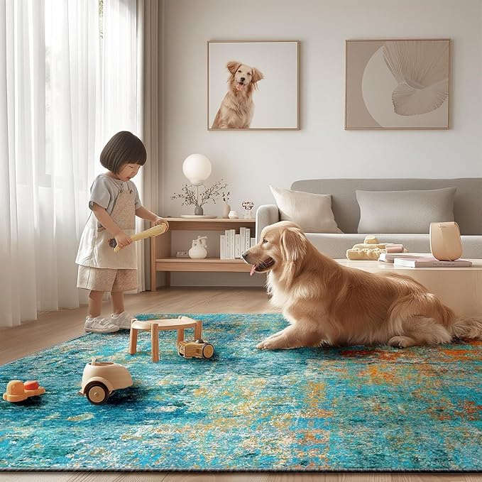 Washable Area Rugs 6ft Non-Slip Modern Abstract Soft for Living Room Entryway Bedroom Nursery, Print Pattern, Teal Blue Green Orange Rust Red Coloreful