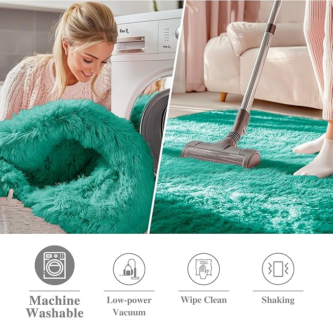 OLANLY Teal Green Round Rugs for Bedroom - Machine Washable, 9 ft Circle Area Rugs for Living Room, Soft and Fluffy Shaggy Carpet for Teen Girl and Boys, Nursery Rooms, Dorms, Home Decor Aesthetic