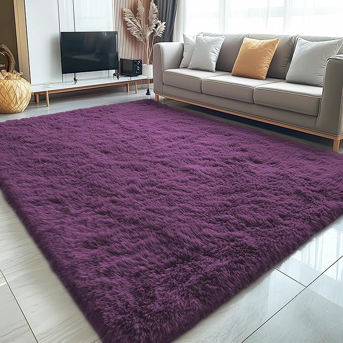 OLANLY 5x7 Machine Washable Large Area Rugs for Living Room, Bedroom, Soft Fluffy Shaggy Bedside Rug, Indoor Floor Carpet for Kids Girls and Boys, Dorms, Nursery, Home Decor Aesthetic, Dark Purple