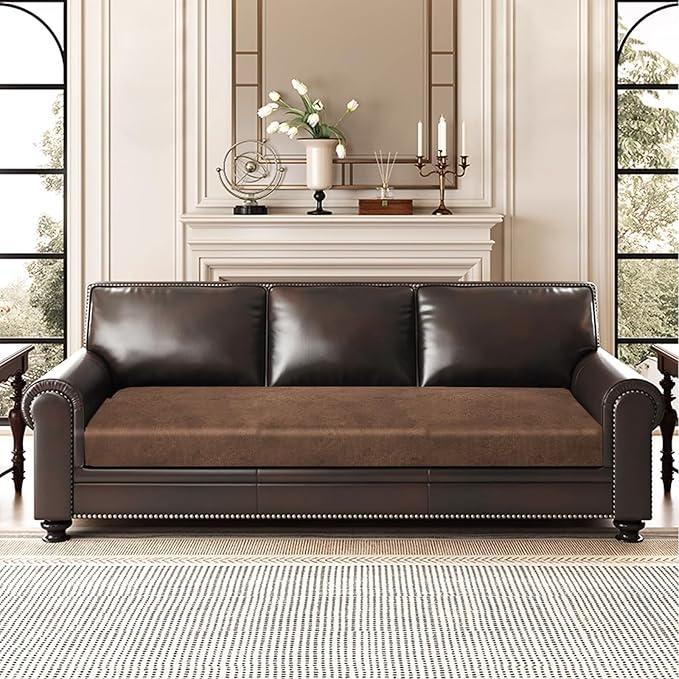 Leather Look Couch Cushion Covers Sofa Seat Slipcovers Sets Couches Furniture Protector for Sectional Armchair Loveseat Pets Kids Stretch Spandex Fabric (1 Cushion XL Sofa, Brown)