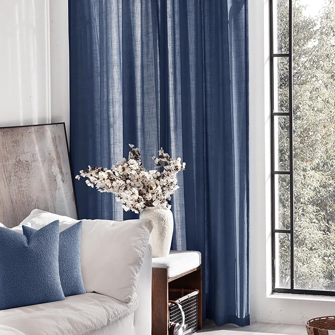 Navy Blue Curtains 96 inch Length for Bedroom Back Tab Light Filtering Semi Sheer Blue Living Room Curtains Linen Cotton Textured Indigo Blue Drapery Panel Modern Aesthetic Decor 42" Wx96 L