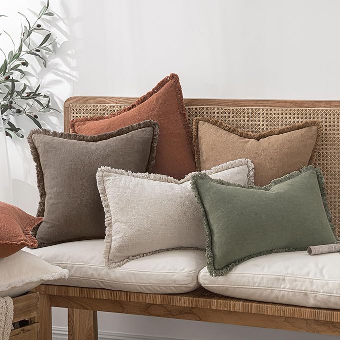 MIULEE Decorative Throw Pillow Covers Neutral Linen Fringe Throw Pillows Euro Shams Set of 2 Natural Coffee Boho Farmhouse Cushion Covers for Couch Sofa Bed Living Room Spring Home Decor 22x22 Inch