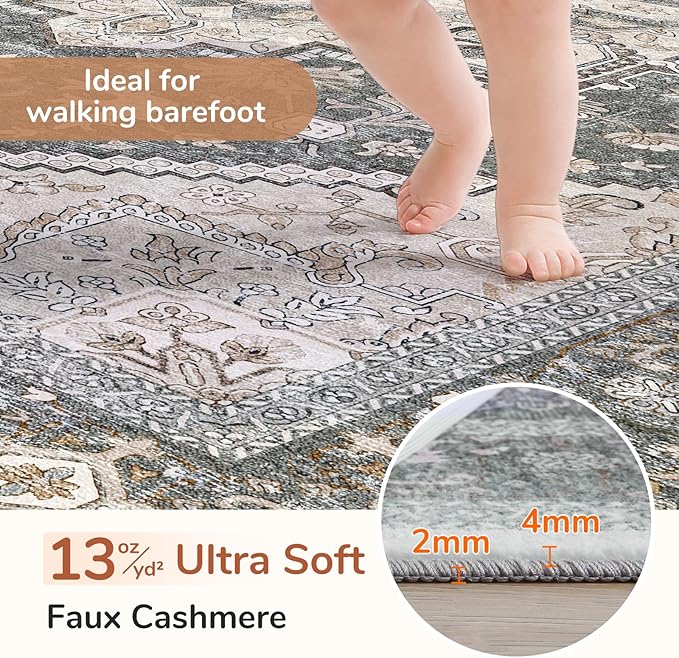 OPPODREAM Soft Entryway Rug 2x10, 2x10 Rug Runner, Washable Hallways Carpet 2 x 10 with Non Slip Backing, Low-Pile Bedside Carpet 2 x 10, Long, Faux Cashmere, Greenish Grey