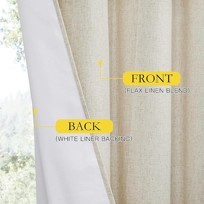 NICETOWN Natural Thick Linen Blend 100% Blackout Curtains with White Liners, Rustic Grommet Thermal Insulated Flax Textured Full Blackout Window Draperies for Bedroom (2 Panels, 42" W by 63" L)