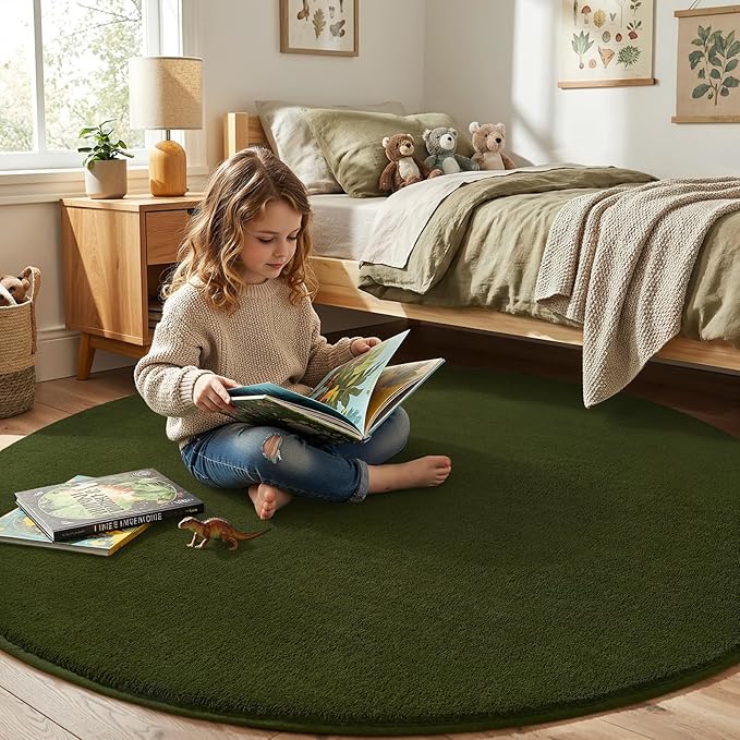 Amearea Olive Green Round Area Rugs 4ft Washable Circle Rugs for Bedroom Living Room, Fluffy Indoor Thickened Memory Foam Rug, Non Slip Minimalist Circular Carpet for Kids Boy Girl Dorm Nursery Room