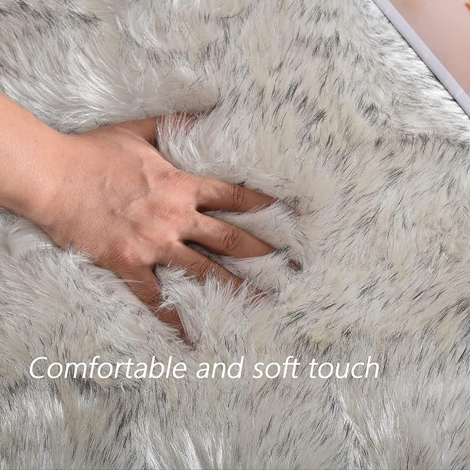 Latepis 6x9 Faux Sheepskin Rug for Living Room Fluffy Washable Rugs for Bedroom Luxury Room Decor White with Grey Tips Rug for Bedroom Fluffy Rectangle