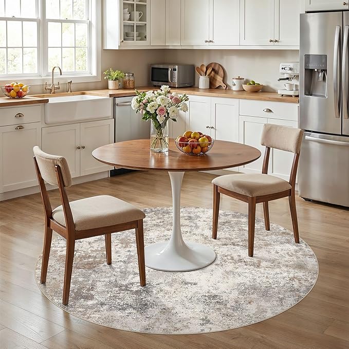 UERMEI 6ft Round Area Rug Living Room Rugs - 6x6 Washable Neutral Modern Abstract Soft Thin Rug Indoor Floor No Slip Rug Carpet for Bedroom Under Dining Table Home Office Decor - Brown Grey