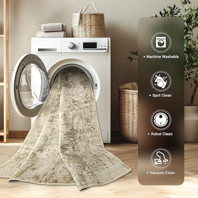 LEPEII 9x12 Area Rug, Modern Abstract Washable Large Rugs for Living Room, Dining Room, Non-Slip Non Shedding Low Pile Home Decor Durable Bedroom Rug-Beige