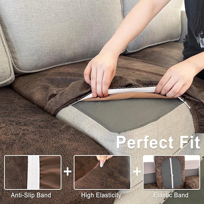 Leather Look Couch Cushion Covers Sofa Seat Slipcovers Sets Couches Furniture Protector for Sectional Armchair Loveseat Pets Kids Stretch Spandex Fabric (3 Cushion XL Sofa, Dark Brown)