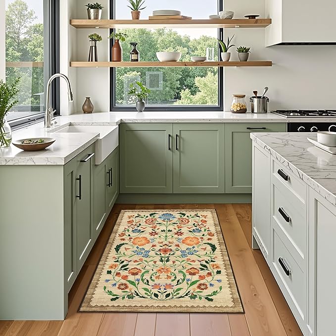 GarveeHome Floral Rug for Entryway 2x3 Rugs Machine Washable Boho Small Area Rug Non-Slip Low-Pile Front Door Soft Mat for Entrance, Bedroom, Kitchen, Laundry, Bathroom, Beige