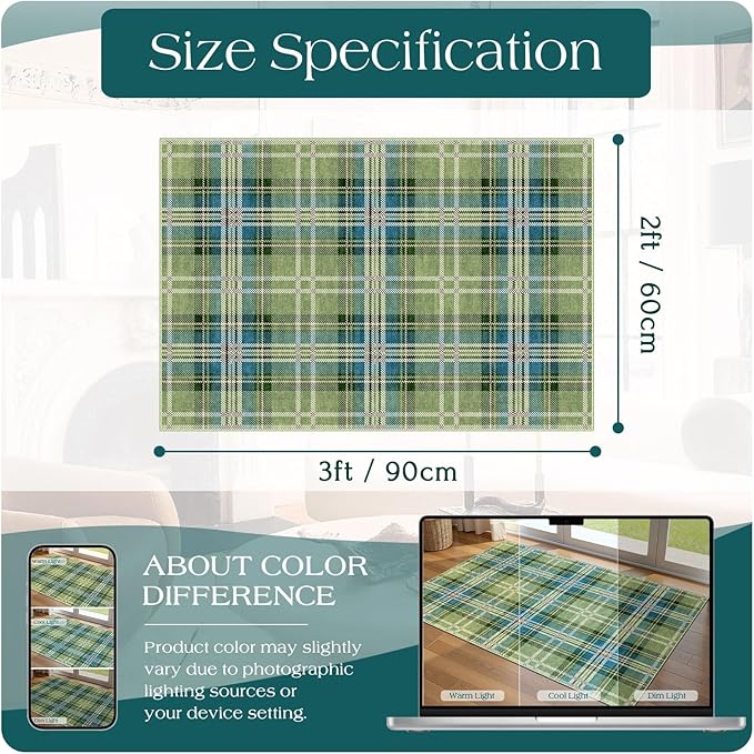 Front Door Mat Outside Entrance - 2x3 Buffalo Non-Slip Washable Doormat Indoor Outdoor Entrance Green Teal Plaid Tartan Rug Small Throw Rugs for Entryway Bedroom Kitchen Front Porch Decor