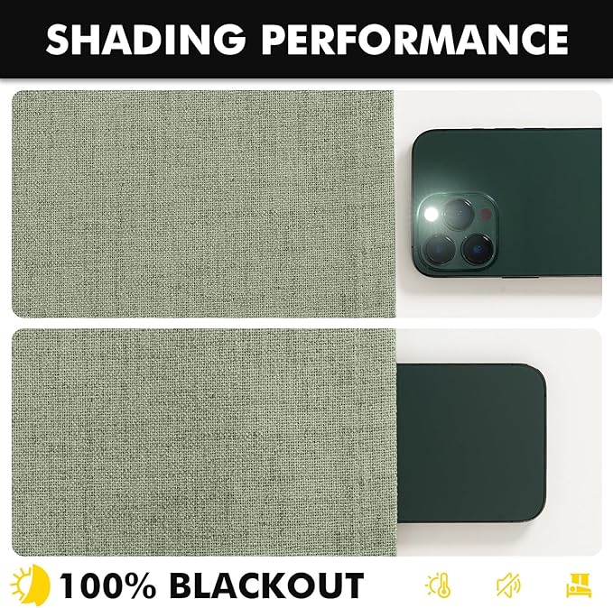 MIULEE 100% Blackout Linen Curtains for Bedroom, Sage Green Solid Luxury Decor Thermal Insulation Room Darkening Drapes for Living Room Nursery Back Tab Rod Pocket 42 x 108 Inches, 2 Panels