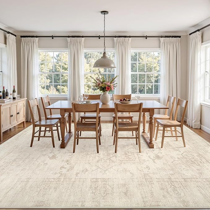 8x10 Area Rugs for Living Room: Vintage Boho Neutral Washable Rug Indoor Soft Large Area Rug Carpet for Bedroom Nursery Farmhouse Dining Room Office Floor Non-Slip Low Pile Under Table Rug Beige/Brown