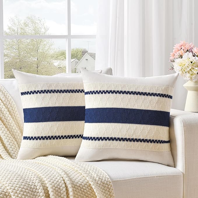 Fancy Homi Set of 1 Navy Blue Big Decorative Throw Pillow Covers 24x24 Inch for Couch Bed Sofa Living Room, Aesthetic Modern Organic Farmhouse Home Decor, Soft Cotton Woven Textured Cushion Case