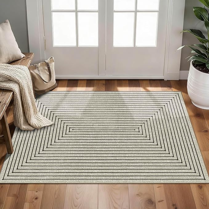 Latte&Fog 2x3 Entryway Rug, Small Modern Abstract Door Mat, Washable Kitchen Rug, Boho Non Slip Low Pile Carpet for Indoor Kitchen, Entry, Front Door and Bathroom - Beige