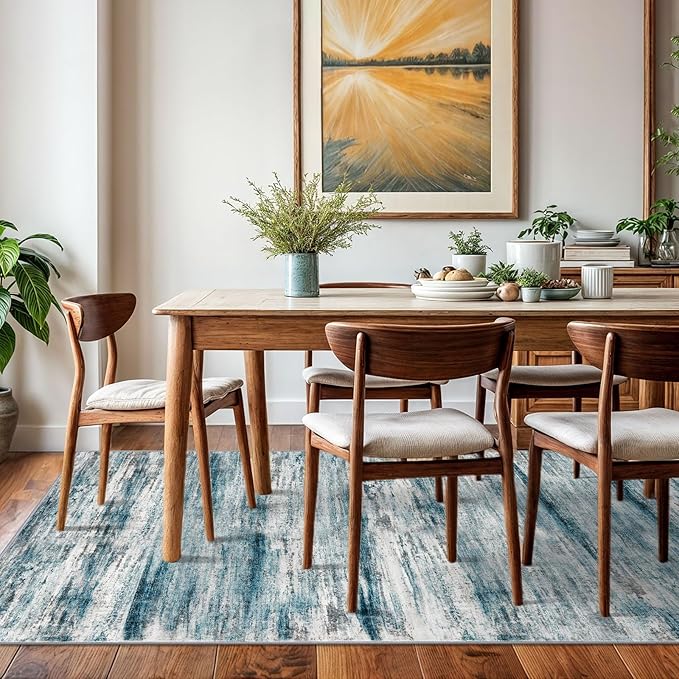 KOZYFLY Washable Area Rug 5x7 Modern Ombre Living Room Thin Rug Non-Slip Soft Striped Rug for Bedroom, Print Blue Abstract Carpet for Laundry Kid Room