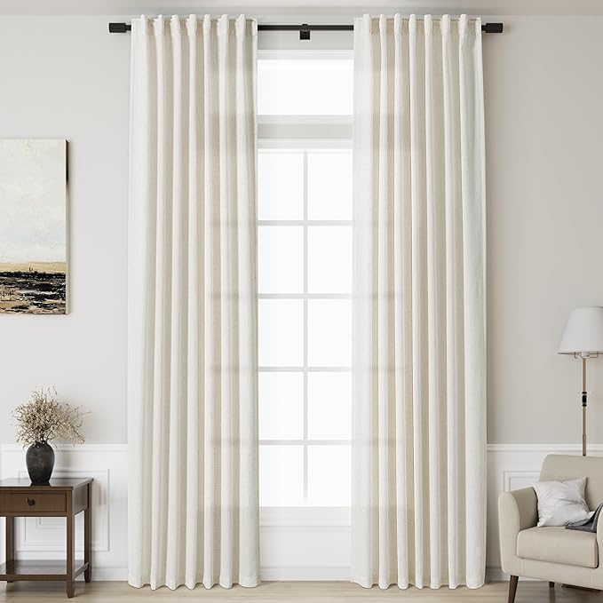 Cream Linen Curtains 123 Inches Long for Living Room Extra Long Back Tab Curtains Neutral Farmhouse Light Filtering Semi Sheer Linen Drapes Ceiling to Floor for Large Window 2 Panels Set 52x123