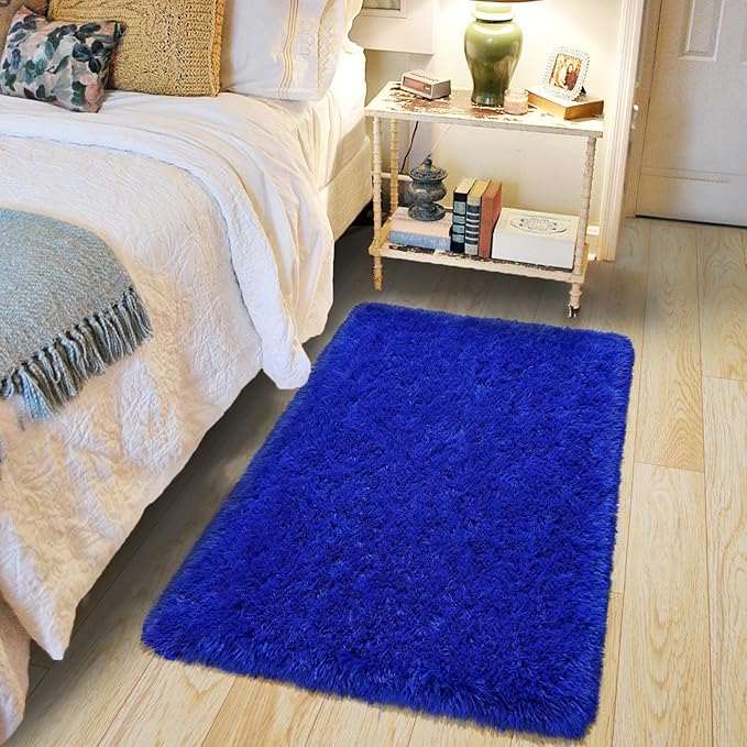 Pionblank Fluffy Small Rug for Bedroom 2x3 Feet, Shag Soft Area Rug for Bedside, Modern Plush Cute Carpet for Kids Girls Boys Room Nursery Decor, Royal Blue