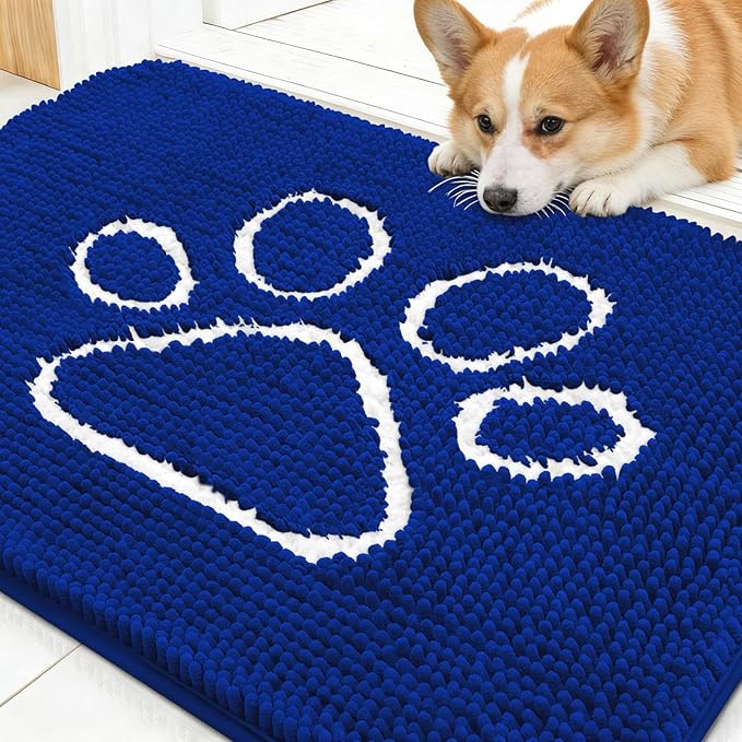 OLANLY Dog Door Mat for Muddy Paws 30x20, Paw Print Design, Absorbs Moisture and Dirt, Non-Slip Washable Doormat, Quick Dry Chenille Mud Mat for Dogs, Entry Indoor Entryway Carpet, Royal Blue