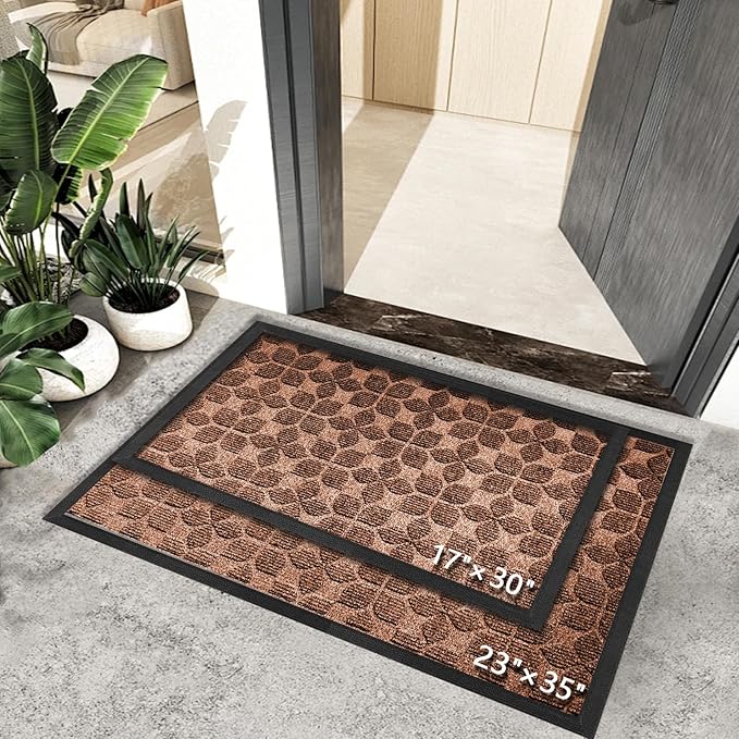 Bulijojo Sturdy Front Entrance Doormats,Durable Heavy Duty Welcome Mat,Thick Absorbent Natural Rubber Non Slip Mat,Easy Clean Entryway Mat Geometric Brown 23"x35"