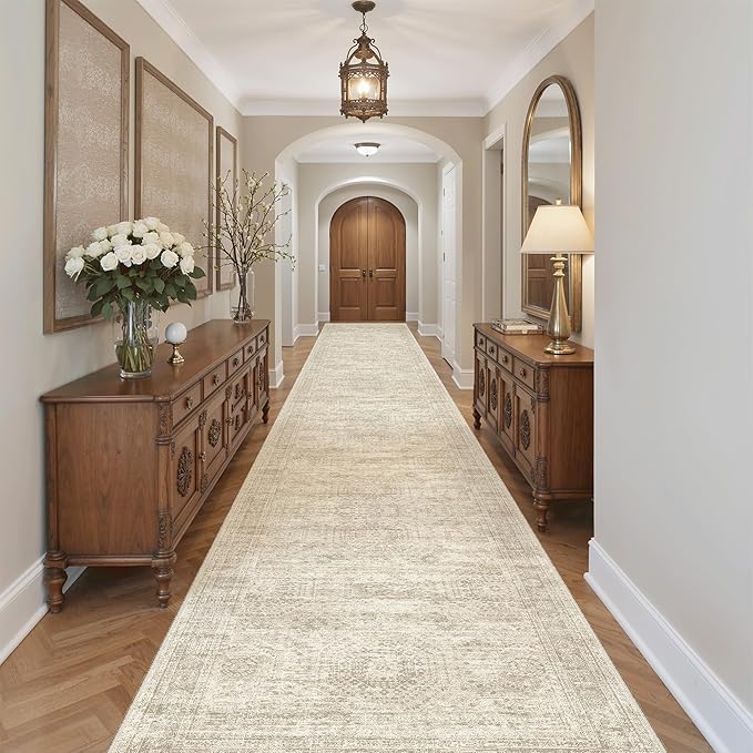 Hallway Runner Rug 3x18 - Kitchen Rugs 18ft Washable Entryway Rug Vintage Kitchen Runners Non Slip Farmhouse Indoor Carpet Runner for Living Room Bedroom, Beige