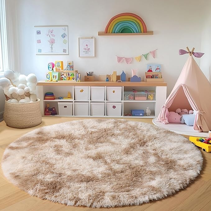 ONASAR Tie-Dye Beige Round Area Rugs 5ft, Soft Bedroom Circle Rug Floor Mats for Kids Girls Teen Room, Kawaii Fluffy Plush Shaggy Carpet for Baby Nursery Living Room Playroom Home Decor