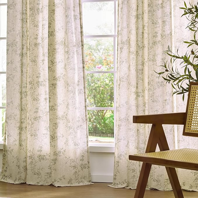 Lazzzy Linen Farmhouse Curtains Green Floral Curtains 63 Inch Length Back Tab Drapes for Living Room Bedroom Light Filtering Country Vintage Rod Pocket Curtain, 2 Panels, Green on Beige