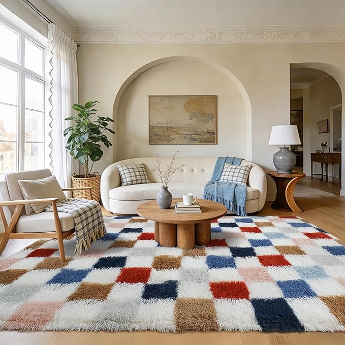 Shag Area Rug for Bedroom Living Room,4x6 Fluffy Soft Colorful Checkered Rug Fuzzy Shaggy Bedroom Carpet,Indoor Plush Floor Rugs for Kids Boys Girls Teen Dorm Nursery Home Decor