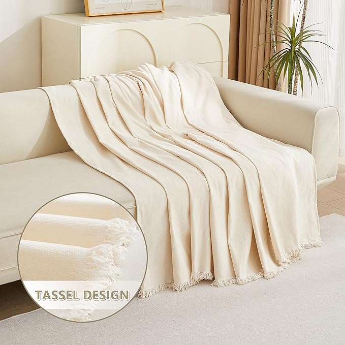 MYSKY HOME Boho Couch Cover Beige Sofa Covers with White Tassel Farmhouse Sofa Slipcover Simple Couch Protector for Dogs Chenille Sectional Couch Covers L Shaped Couch Cushion Covers, 91"x 134"