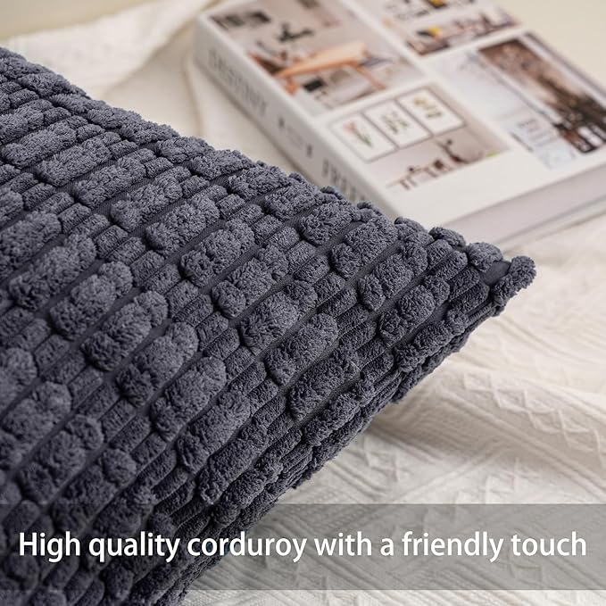 Pack of 2 Corduroy Decorative Throw Pillow Covers 16x16 Inch Soft Striped Pillow Covers Modern Farmhouse Home Decor for Sofa Living Room Couch Bed（Dark Grey）
