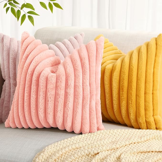decorUhome Summer Cozy Faux Fur Throw Pillow Covers 24x24 Set of 2 Decorative Plush Striped Modern Farmhouse Boho Couch Euro Sham Pillow Cases with Velvet Back for Sofa Bed Living Room, Blush Pink