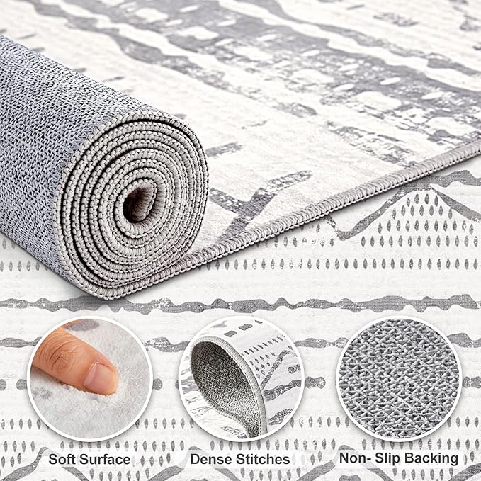Nakagishi Area Rugs 9x12 Living Room: Washable Boho Large Neutral Modern Soft Farmhouse Rug Stain Resistant Indoor Non-Slip Accent Carpet for Bedroom Nursery Kids Playroom Office Dining Room- Gray