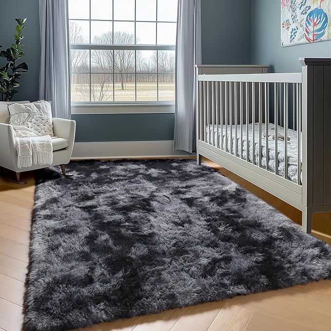 ONASAR Rugs for Living Room Bedroom, 5x8 Fluffy Tie-Dyed Dark Grey Bedside Area Rug, Soft Plush Shaggy Floor Carpet for Nursery Kids Girls Boys Teen Dorm Home Office Decor Aesthetic