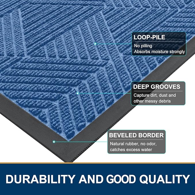 Smiry Front Door Mat Outside Entrance, Heavy Duty Sturdy Natural Rubber Doormat, Trap Dirt and Moisture, Easy Clean Low Profile Welcome Floor Mats for Indoor Outdoor Entry, 47x23 Inch, Blue