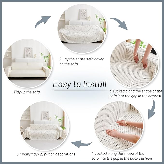 MYSKY HOME Couch Cover for Dogs, Sectional Couch Cover, Beige Lines Sofa Covers for Sectional Sofa L Shape Chenille Couch Protector for Dogs Pets Couch Covers Washable Soft Throw, 91"X134"