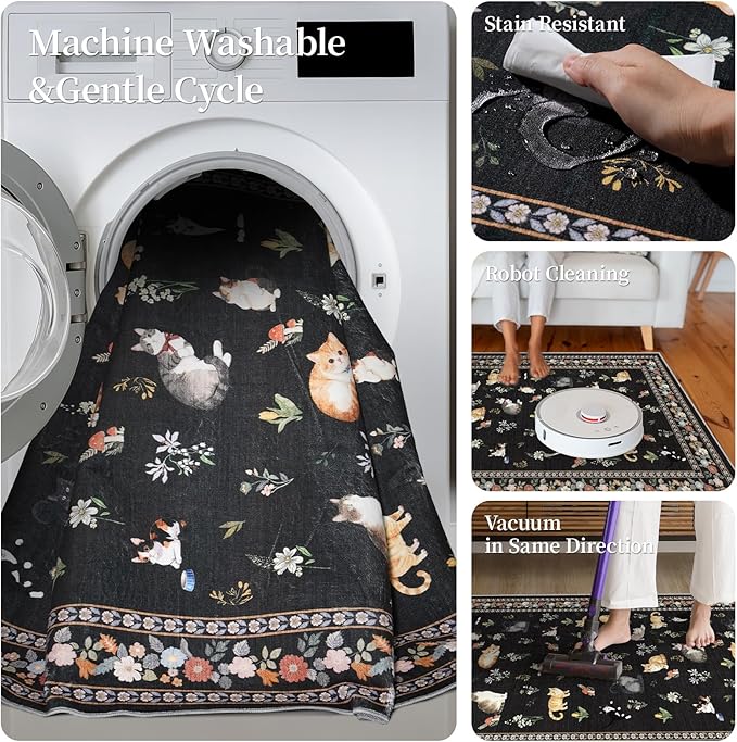 2x10 Washable Hallway Runner Rug - Soft Low Pile Floral Animal Cat Print Rugs with Non-Slip Backing Waterproof Stain-Resistant Indoor Carpet for Kitchen Entryway Bathroom Bedroom (Black)