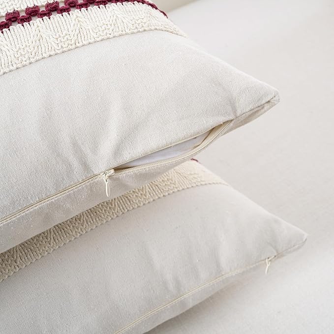 Fancy Homi Set of 1 Burgundy Boho Decorative Throw Pillow Covers 20x20 Inch for Couch Bed Sofa, Aesthetic Modern Farmhouse Christmas Room Decor, Soft Cotton Cute Textured Wind Red Cushion Case