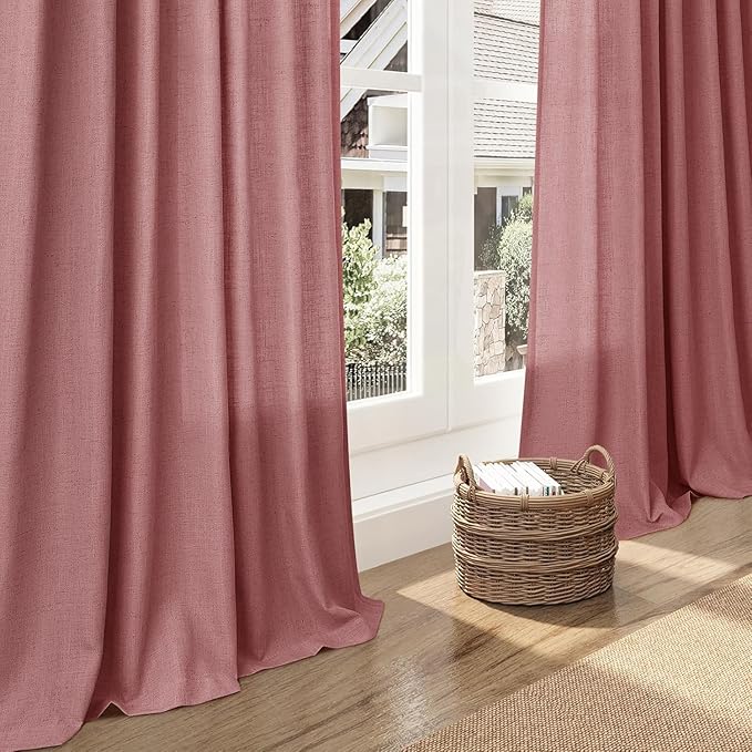 Canyon Rose Linen Curtains 132 Inch Length for Living Room Light Filtering Semi Sheer Curtain Back Tab Modern Farmhouse Decor Boho Girl Drapes Floor to Ceiling High Window for Bedroom 52x132, 2 Panels