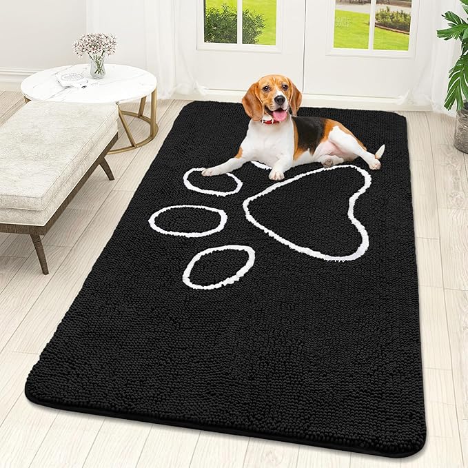 OLANLY Dog Door Mat for Muddy Paws 59x32, Paw Print Design, Absorbs Moisture and Dirt, Absorbent Non-Slip Washable Doormat, Quick Dry Chenille Mud Mat for Dogs, Entry Indoor Entryway Carpet, Black