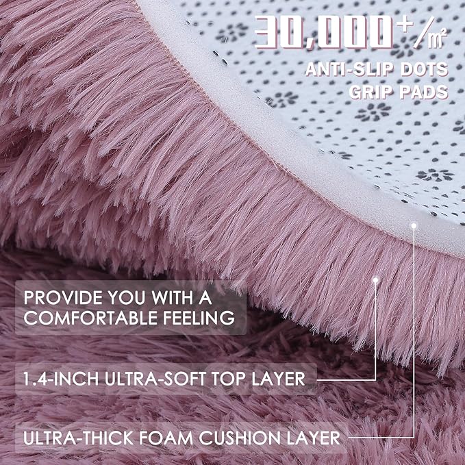 OLANLY Blush Round Rugs for Bedroom - Machine Washable, 8 ft Circle Area Rugs for Living Room, Soft and Fluffy Shaggy Carpet for Teen Girls and Boys, Nursery Rooms, Dorms, Home Decor Aesthetic