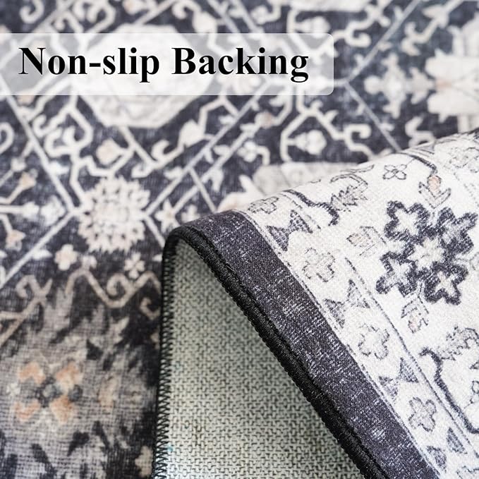 Hallway Washable Runner Rug - 3x6 Kitchen Rugs Entryway Rug Runner Vintage Soft Floor Mat Non Slip Indoor Farmhouse Carpet for Bathroom Living Room Bedroom (3 X 6, Black)